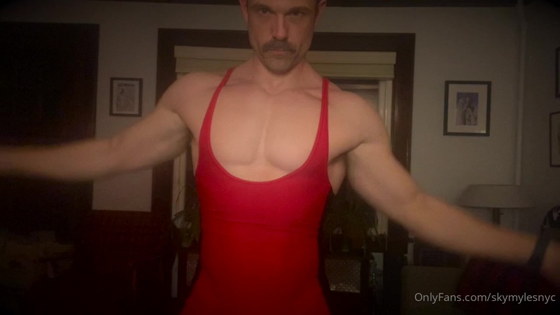 Showing off my wrestling singlet and jerking my pierced cock till I cum - Sky Myles (skymylesnyc)