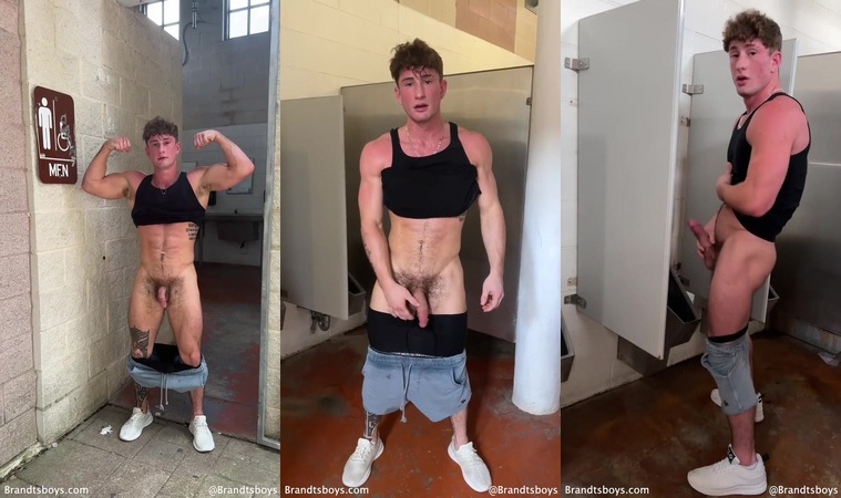 Troy gets dared to jerk off in a public bathroom - TroyxBrandt