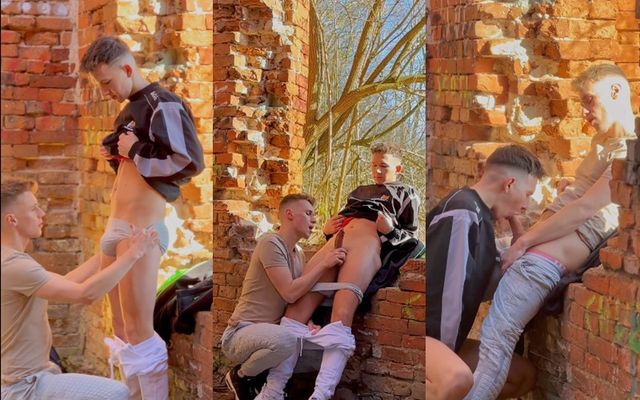 JustTheGays thumbnail for Nickyandpatrick – blowjob exchange in an abandoned structure - amateur gay porn from OnlyFans, MyVidster, GayForFans and more! - Oral, Outdoor, Young & Twink
