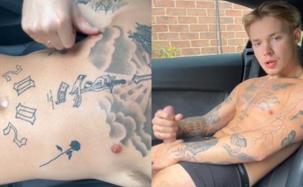JustTheGays thumbnail for Ink3dlad – jerking in the car - amateur gay porn from OnlyFans, MyVidster, GayForFans and more! - Jerk Off, Solo