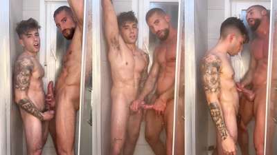 JustTheGays thumbnail for Leo Domenico and Rauw Gallego jerk in the shower - amateur gay porn from OnlyFans, MyVidster, GayForFans and more! - 