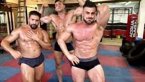 JustTheGays thumbnail for Marco Di Pietro, Eliseo Antonio Vazquez and Brian Nizok jerk in the gym - amateur gay porn from OnlyFans, MyVidster, GayForFans and more! - 