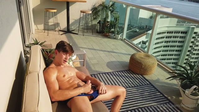 JustTheGays thumbnail for Reno Gold jerks off on the couch and balcony - Jerk Off, Muscle, Solo