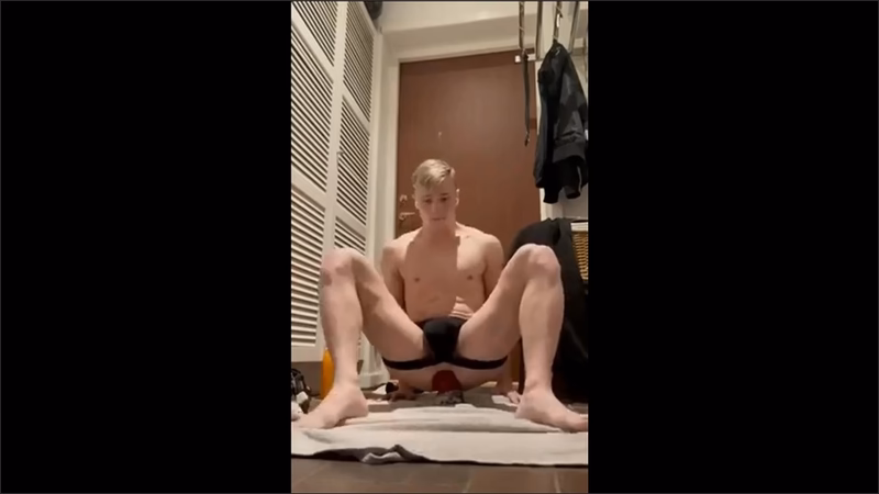 onlytwinks thumbnail for Bastian Gate rides a fat dildo on the floor while caged